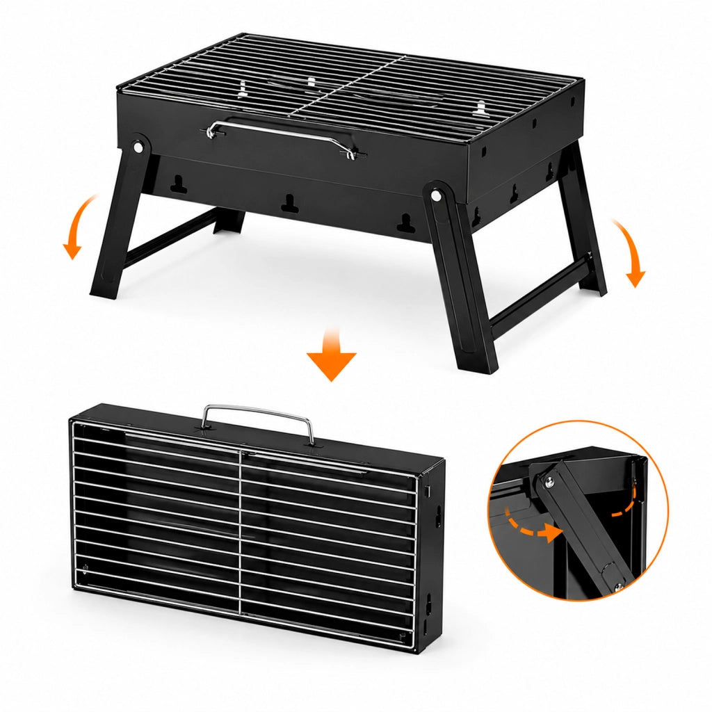 Barbecue A Carbone Portatile Pieghevole BBQ Con Griglia In Metallo Struttura Resistente Maniglia Integrata E Ventilazione Laterale 45.5 x 29.5 x 23 Cm Nero