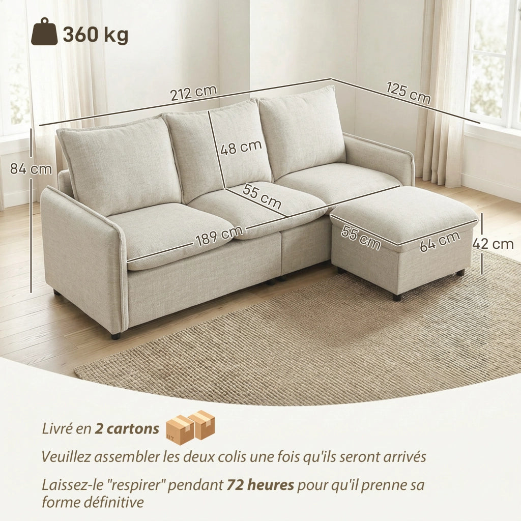 Divano Angolare 3 Posti con Pouf Contenitore ¨C Zephmum ¨C Tessuto Lino, Cr¨¨ma, 212 cm