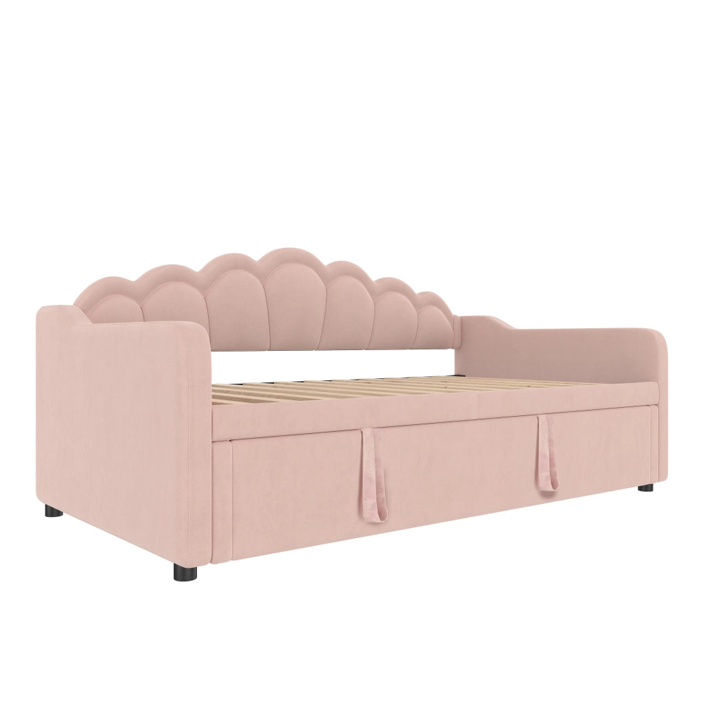 Tagesbett con letto estraibile, letto singolo/divano letto in velluto rosa 90x200 cm (180x200 cm) con LED, senza materasso