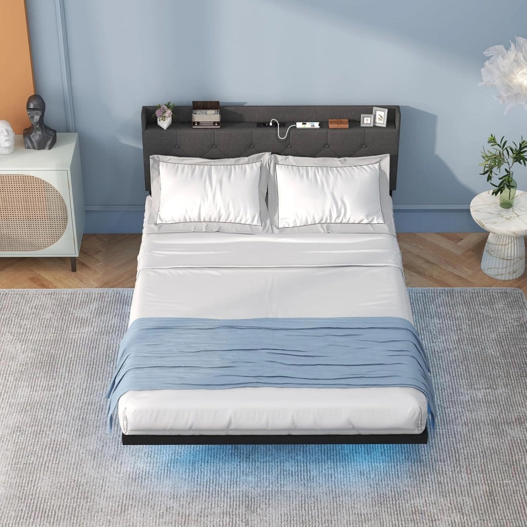 Letto Matrimoniale 140 x 200 Testiera con Luci LED, Struttura Letto a Doghe Carico 300 kg，Lettino con Struttura Moderno, Senza Materasso，Nero