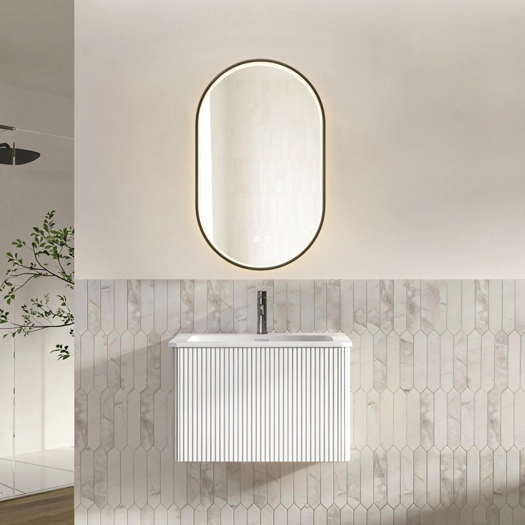 Set mobile bagno sospeso color rovere con lavabo integrato e specchio LED