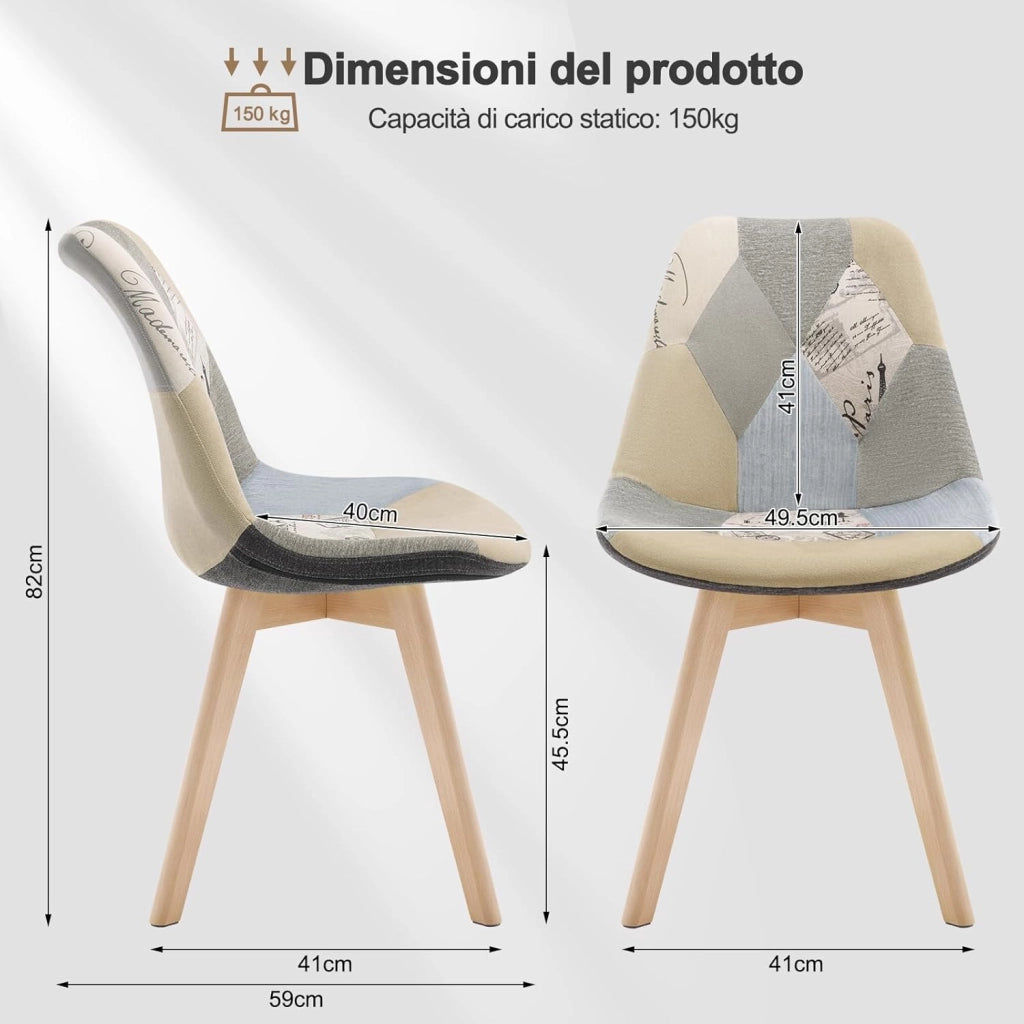 Set di 2 sedie da pranzo Sedia da Scrivania con Schienale Rivestito in Tessuto di Lino Patchwork Gambe Legno Moderno BH29pw-2