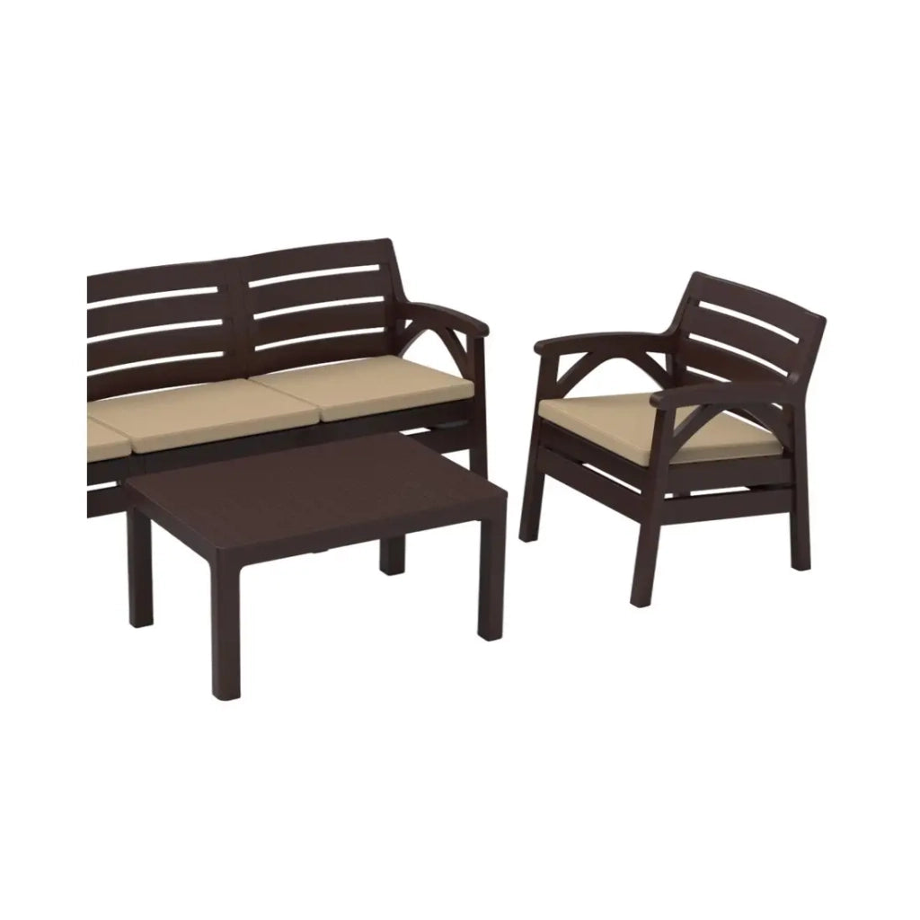 Salotto da giardino SOLVANA 5 posti marrone e beige con divano a 3 posti, poltrone e tavolino
