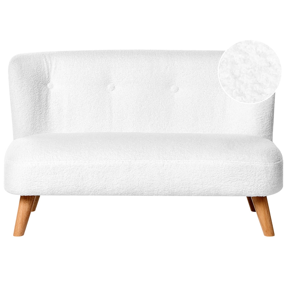 Divano per bambini bianco imbottito in bouclé con braccioli, divano moderno per bambini
