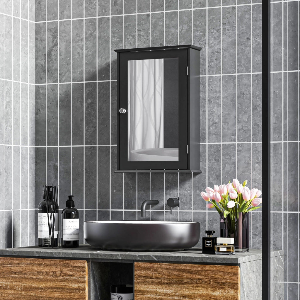 Mobiletto Bagno Pensile con Specchio e Anta a Chiusura Magnetica ¨C zephmum ¨C Nero 41x14x60 cm