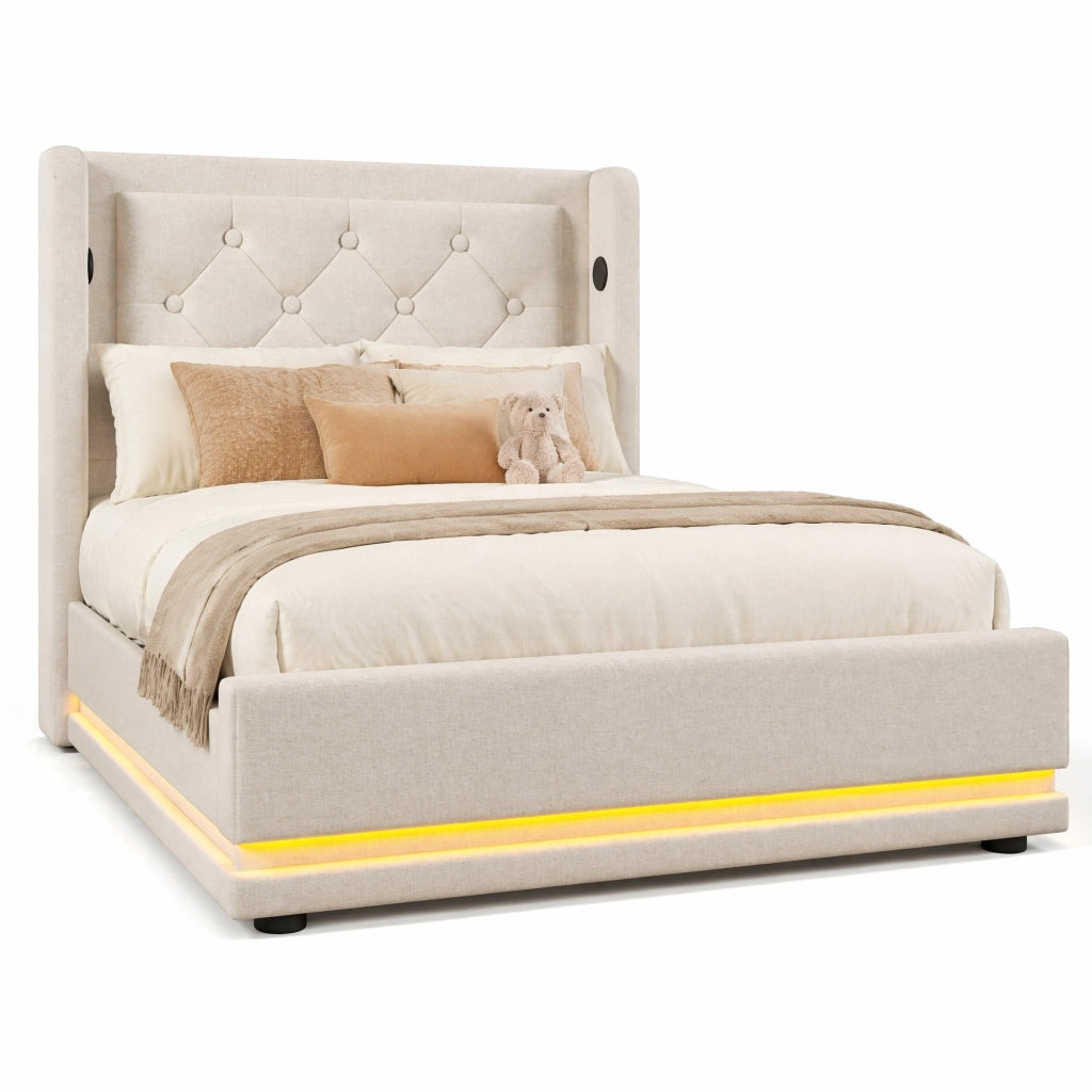Letto imbottito 90x200 cm con contenitore, USB-C e LED in cotone beige