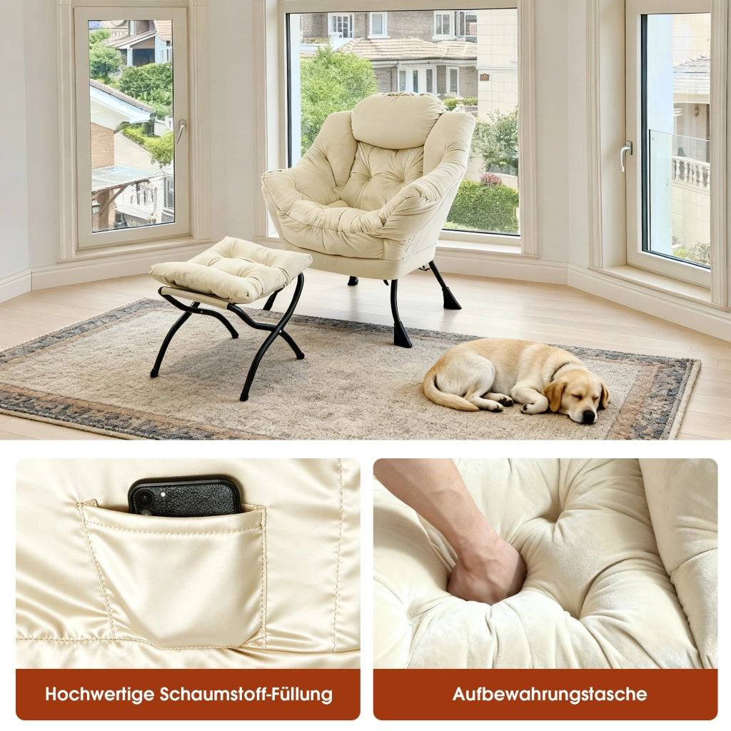 Poltrona relax con sgabello e tasca laterale con poggiapiedi pieghevole in tessuto e metallo beige