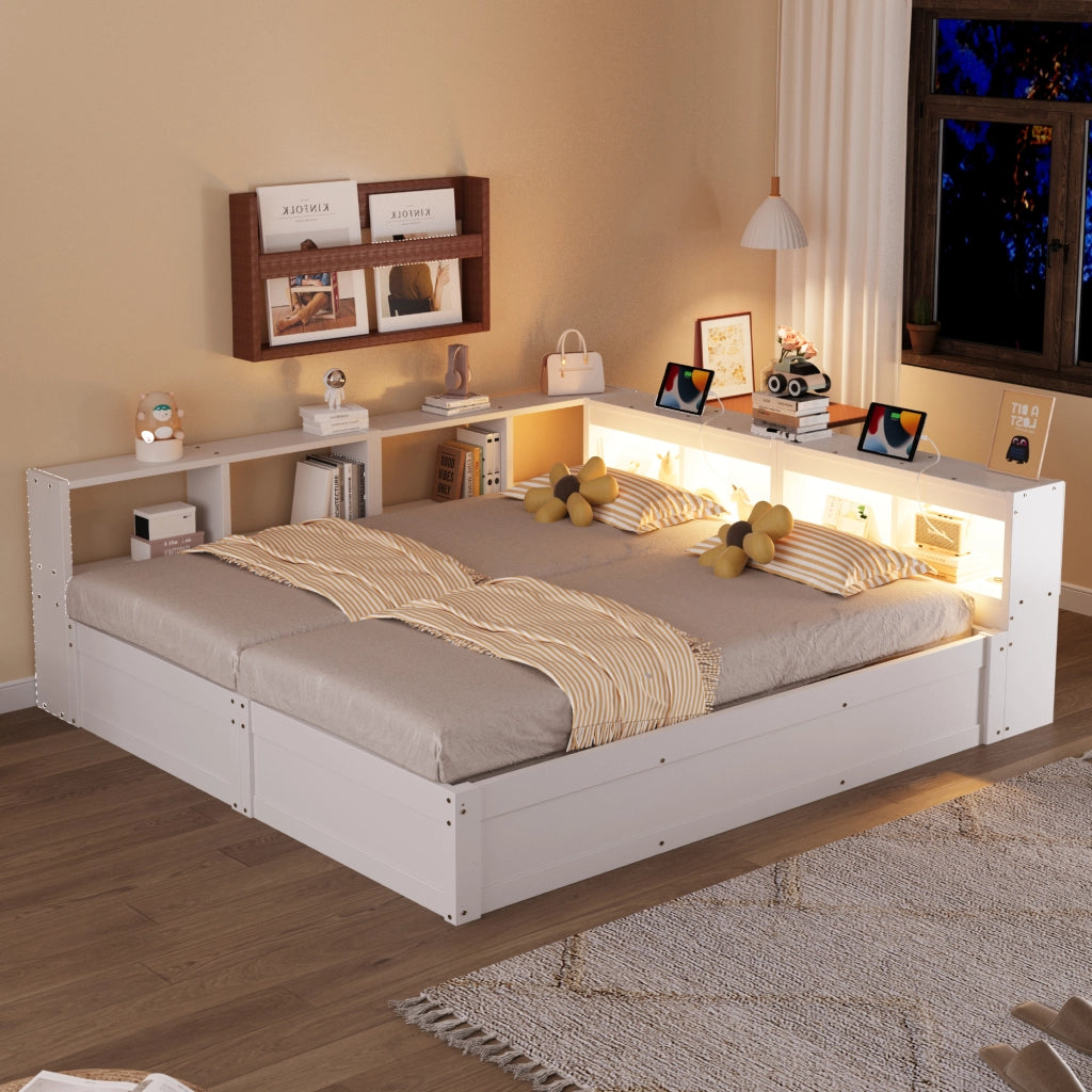 Letto salvaspazio matrimoniale 90×200 cm e 180×200 cm con prese e LED; contenitore; senza materasso; MDF; bianco