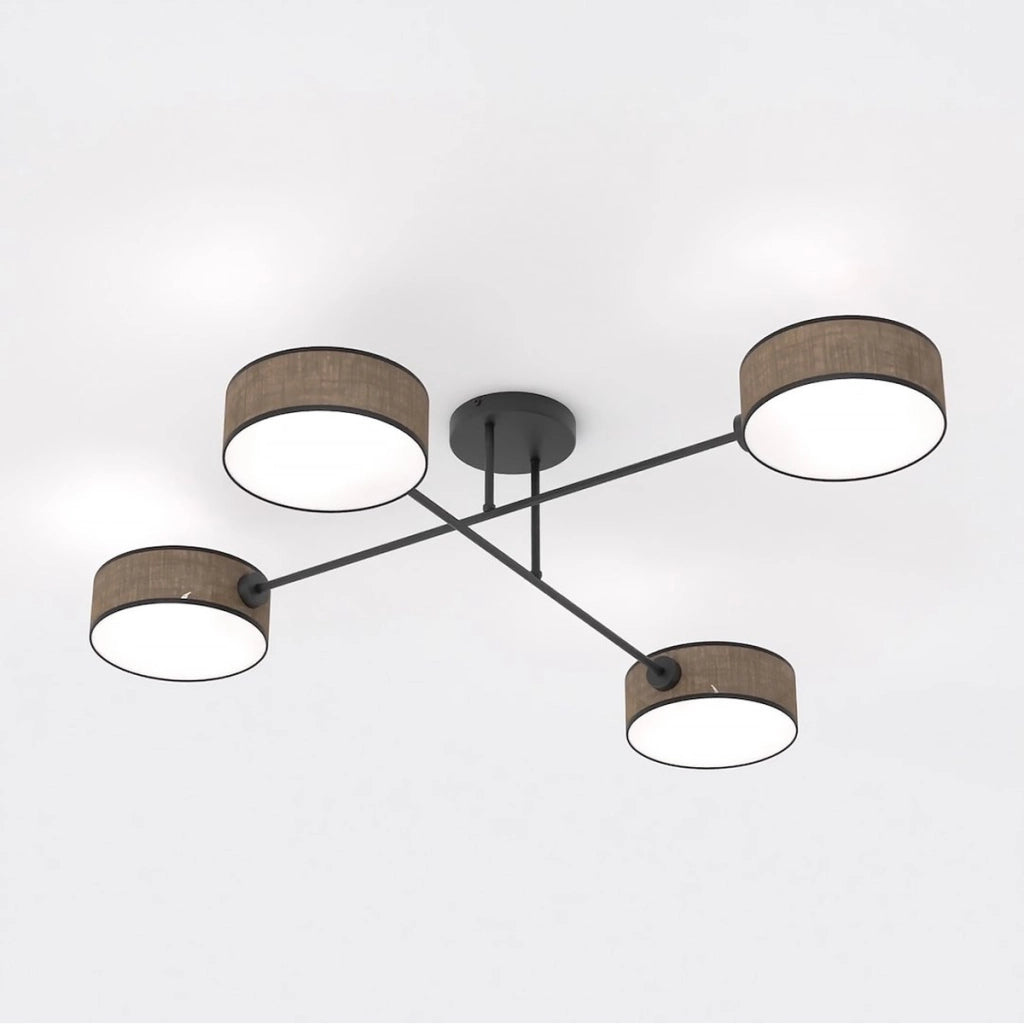 Lampada a sospensione Maga 4 luci in acciaio nero e tessuto marrone
