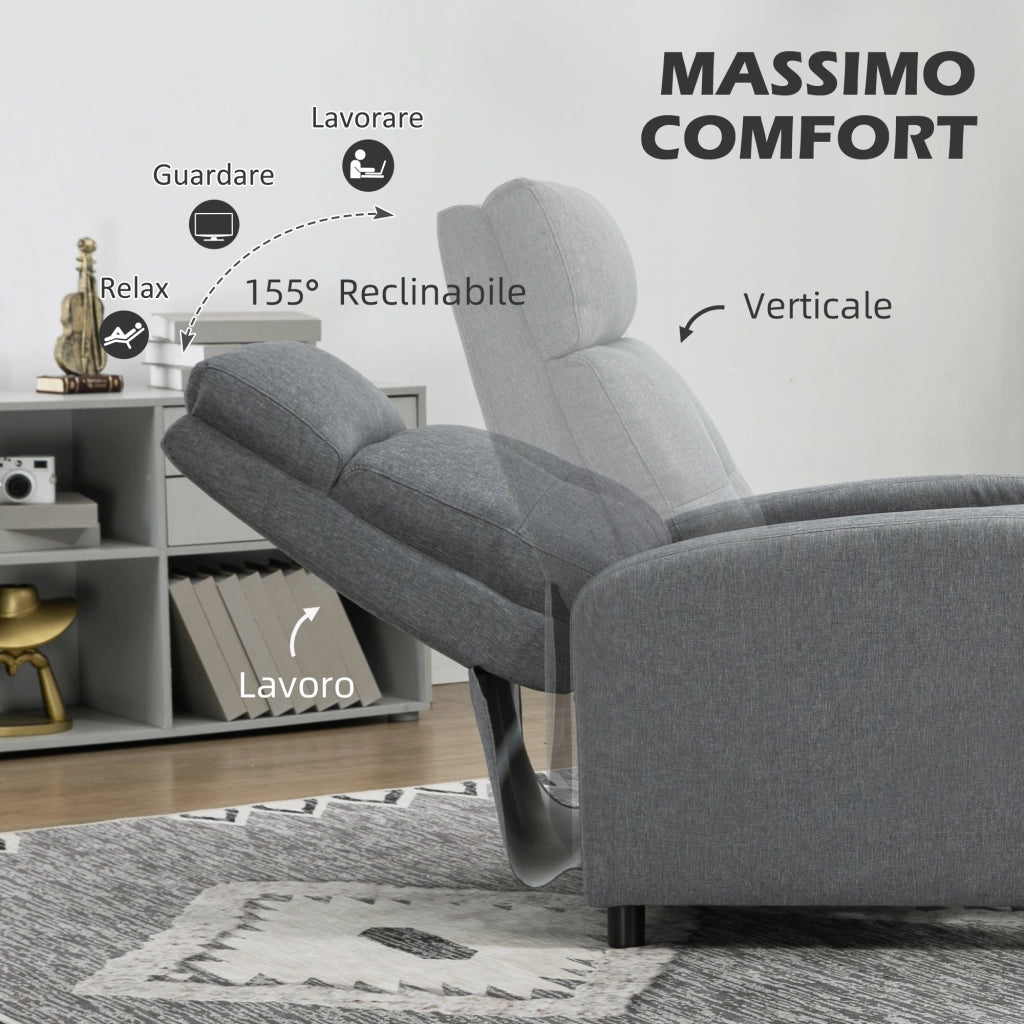 Poltrona Relax Reclinabile 155° 67x87x98 cm con Poggiapiedi in Tessuto Effetto Lino Grigio