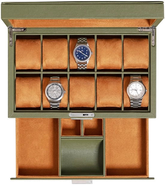 Orologeria in legno con 10 contenitori e cassetto, orologeria di lusso con cuscini morbidi, contenitore orologio con chiusura e vetrata grande (verde/marrone chiaro)