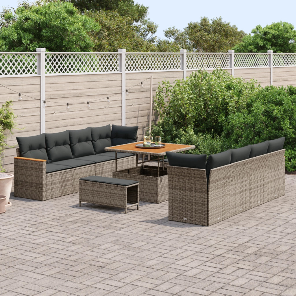 Set di Divani da Giardino da 11 Pezzi con Cuscini Grigio Rattan Polietilene Acacia