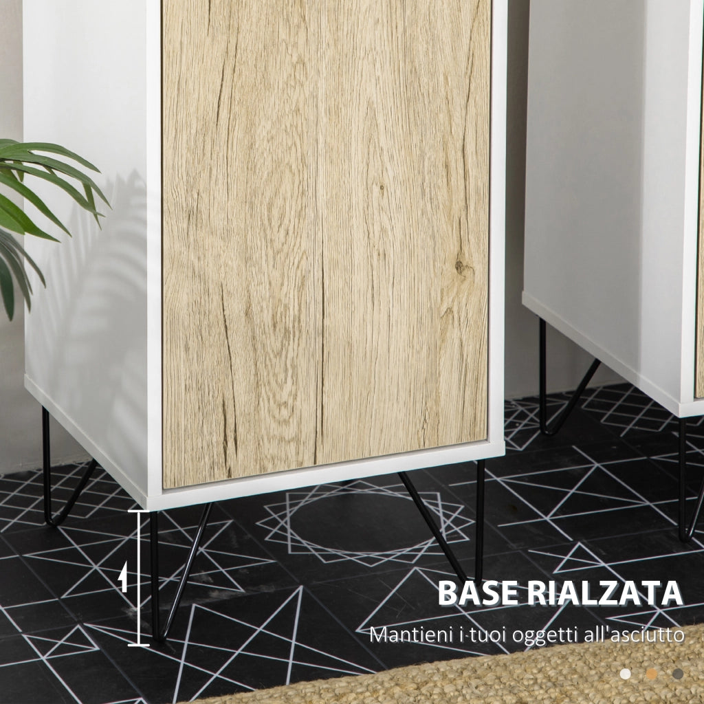 Colonna Bagno con 2 Ripiani Aperti e 2 Armadietti in Truciolato. 31.5x30x169 cm. Bianco e color Legno