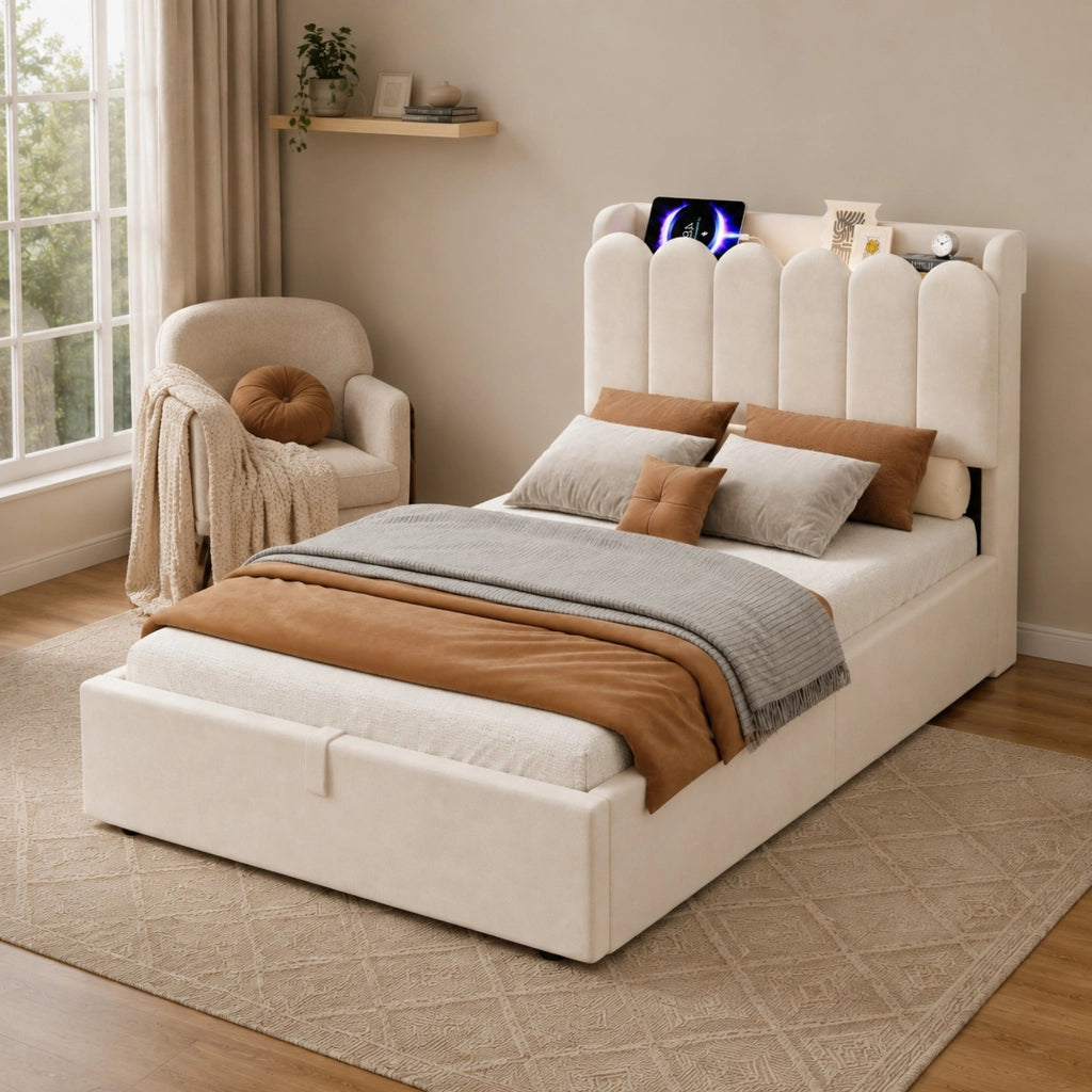 Letto singolo per bambini con contenitore idraulico, rete a doghe, testiera imbottita, porte USB e Type-C, velluto beige