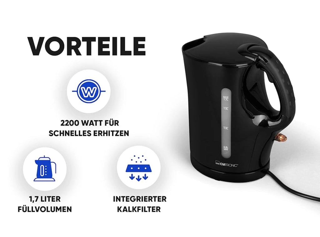 Bollitore Clatronic da 1.7 lt, 2000 W Nero Acciaio Inossidabile Senza Filo WK 3445