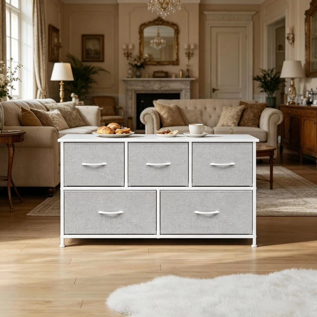 Cassettiera con 5 cassetti in tessuto e piano d'appoggio, per ingresso e soggiorno, 100 × 30 × 54 cm, grigio chiaro