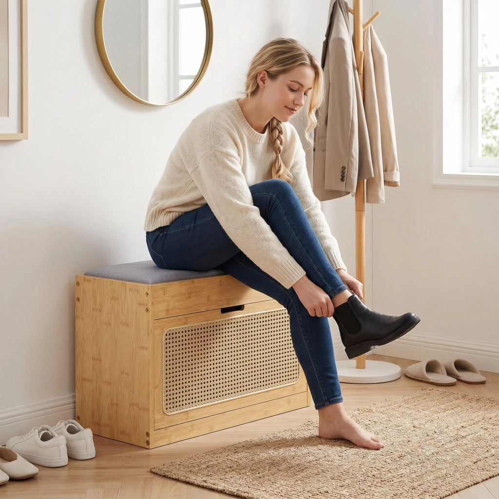 Banc chaussures entr¨¦e ¨C zephmum ¨C panca in bamb¨´ con seduta imbottita, porta in rotin e ripiano regolabile