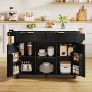 Isola da cucina su ruote 143 x 45/69 cm con piano ribaltabile, 2 cassetti, 2 ante e porta-spezie, finitura Nero/Naturale