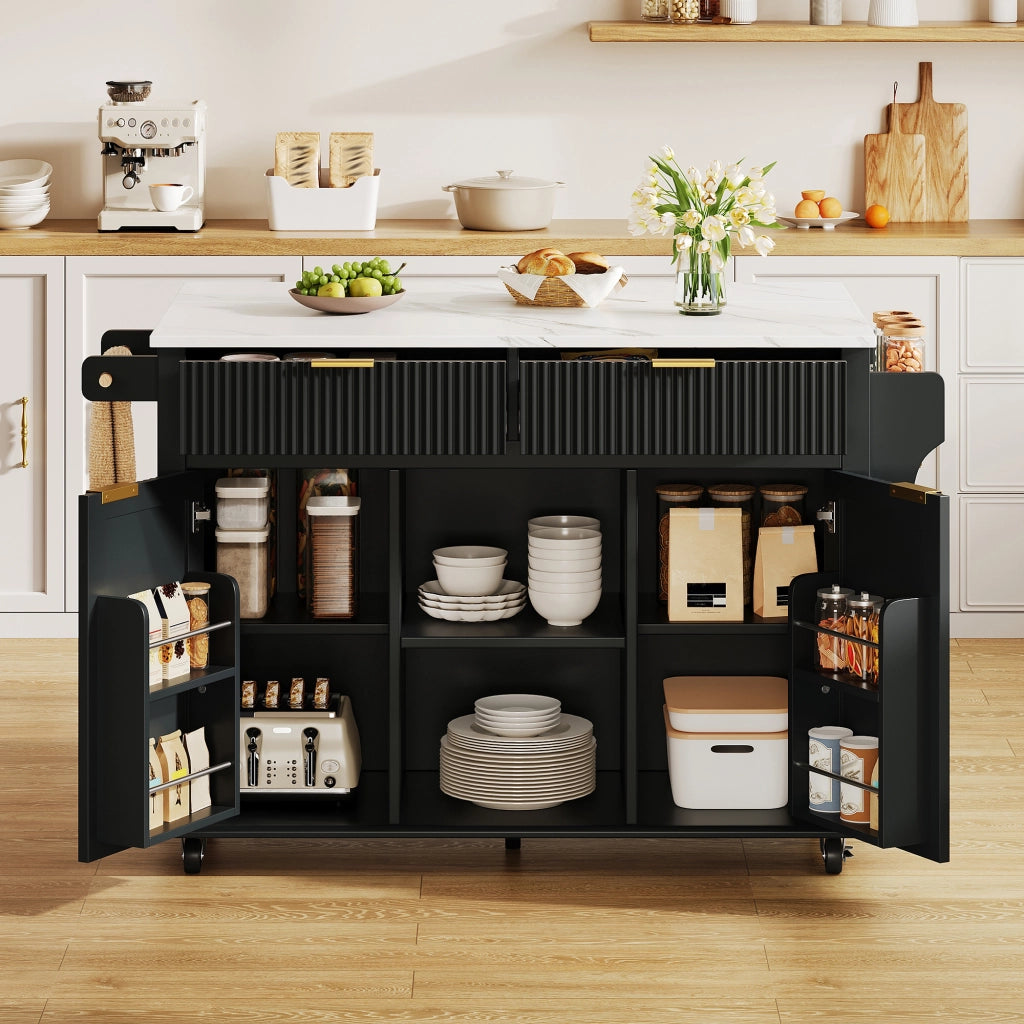 Isola da cucina su ruote 143 x 45/69 cm con piano ribaltabile, 2 cassetti, 2 ante e porta-spezie, finitura Nero/Naturale