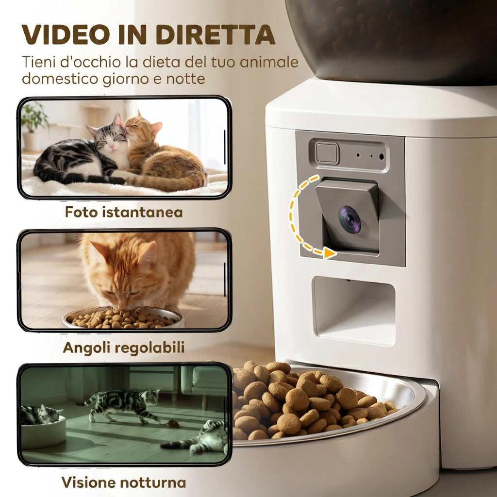 Distributore Automatico Cibo Gatti e Cani 4L WiFi 2.4G, App Controllo con Telecamera, Ciotola, Bianco