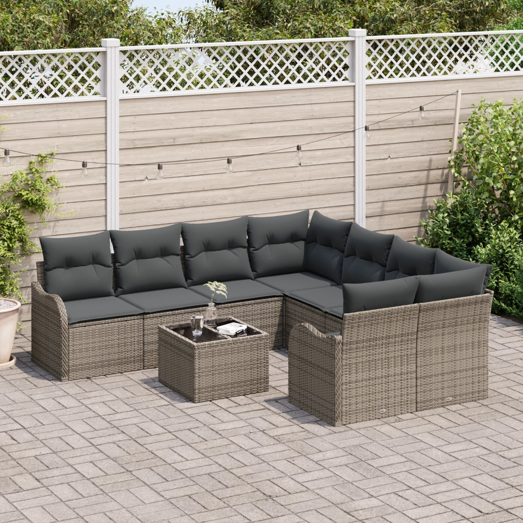 Set Divano da Giardino 9 Pezzi con Cuscini Grigio Polyrattan