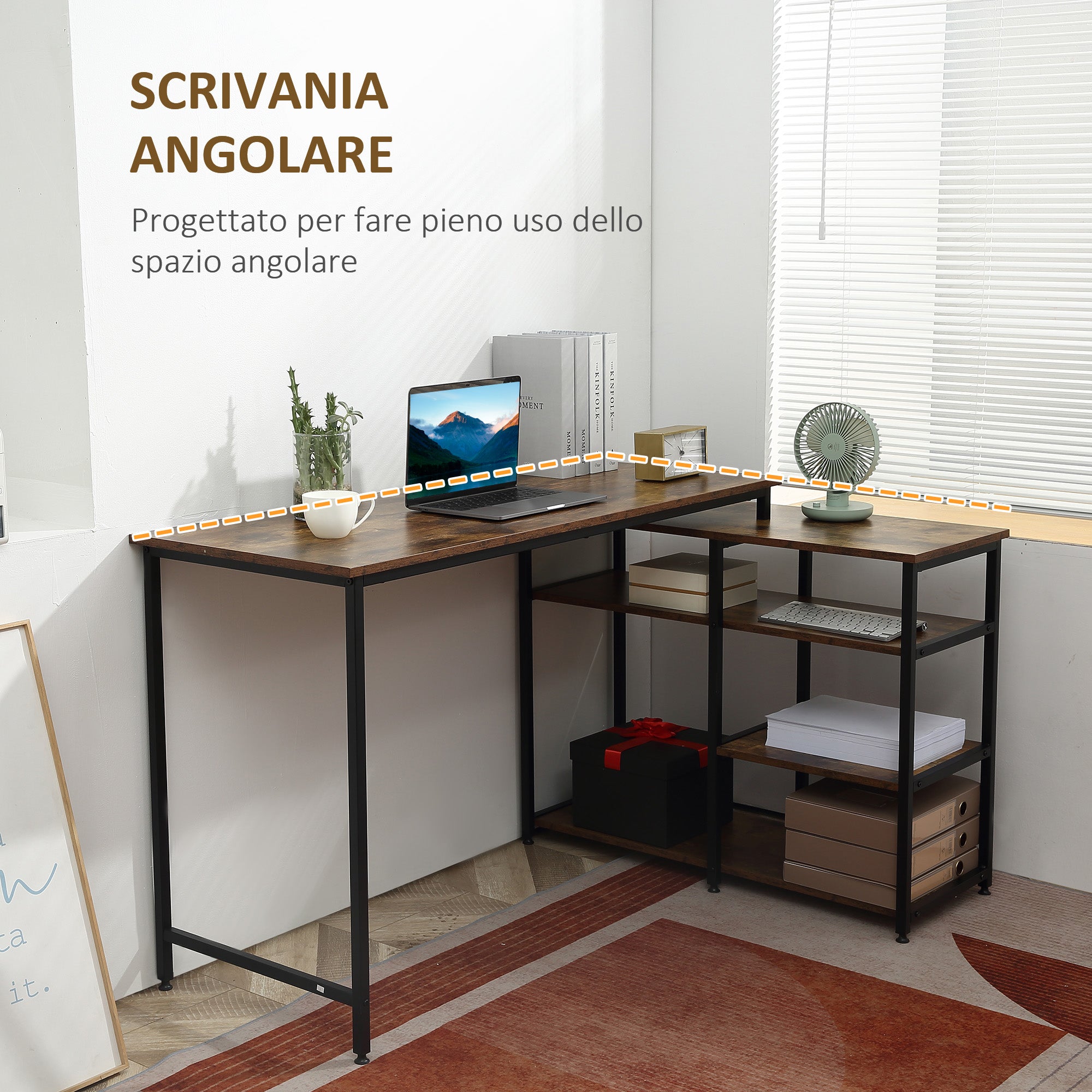 Scrivania Angolare in Stile Industriale 135x90x79 cm con Ripiani a Giorno Telaio in Acciaio Marrone e Nero