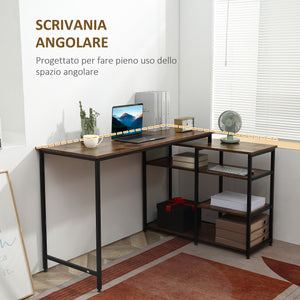 Scrivania Angolare in Stile Industriale 135x90x79 cm con Ripiani a Giorno Telaio in Acciaio Marrone e Nero