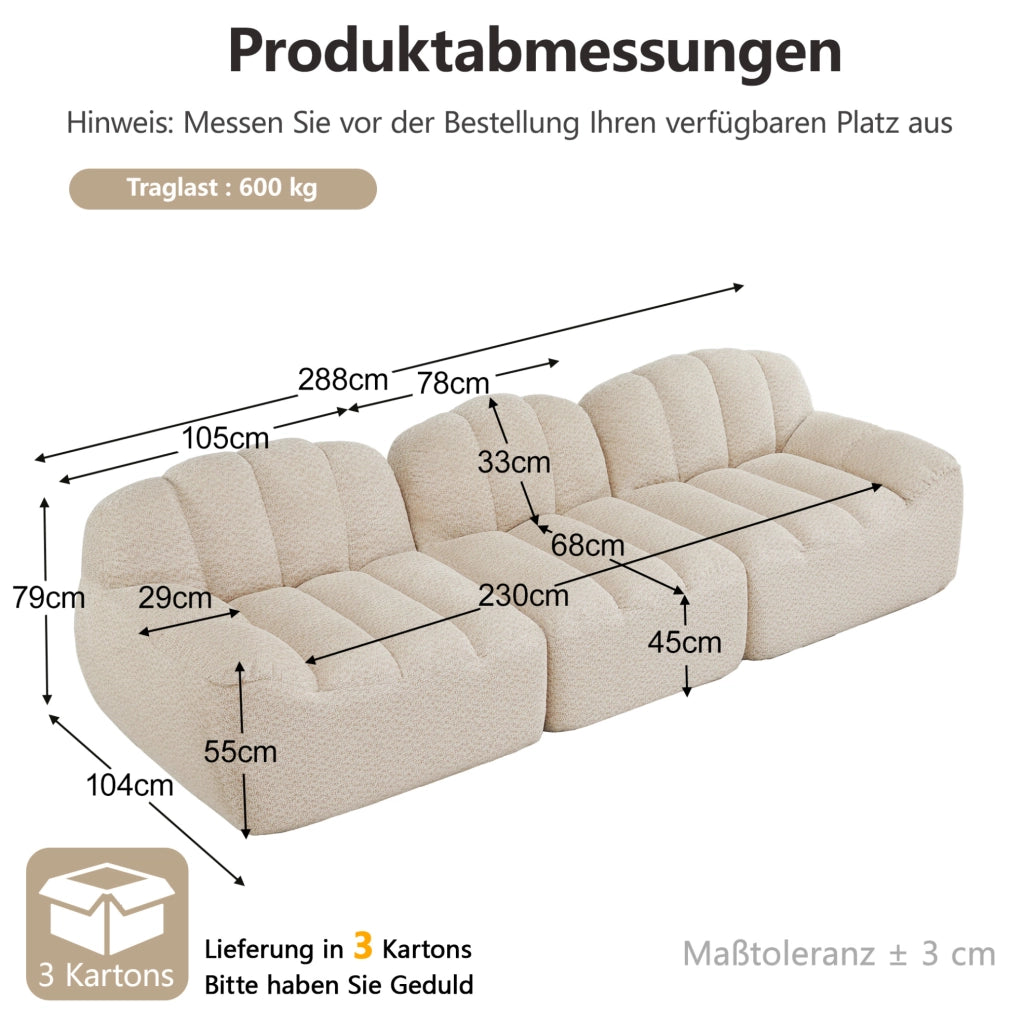 Divano modulare 2-4 posti con ottomano in pile granulato e schiuma 32D; beige bianco