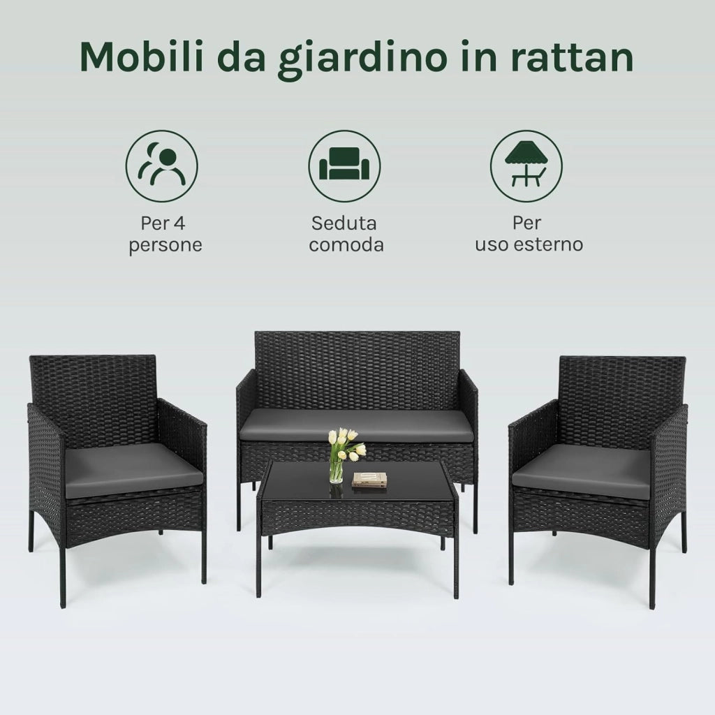 Salotto da Giardino Esterno in Polirotilene per 4 Persone, Set Mobili da Giardino con 1 Divano, 2 Poltrone, 1 Tavolino e Cuscini, per Giardino, Terrazza, Balcone, Grigio