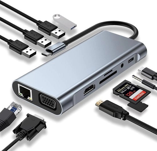 Adattatore USB C, stazione di dock, 11-in-1 con HDMI 4K, VGA, porte USB 3.0, PD Type C, Ethernet RJ45 Gigabit, lettore di schede SD/TF, ingresso AUX 3,5 mm, compatibile con dispositivi Type C