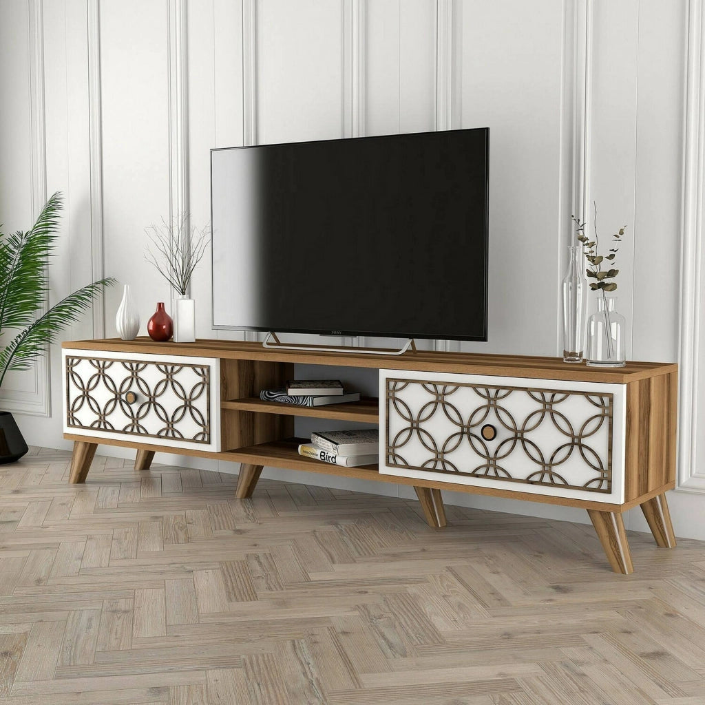 Mobile porta TV Teia, Credenza da soggiorno, Armadio basso per TV, Base parete attrezzata, 180x35h44 cm, Noce e Bianco