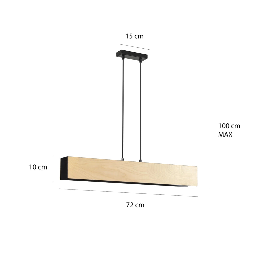 Lampadario 3 Luci Merlino In Acciaio Nero Corpo Rettangolare E Legno Naturale
