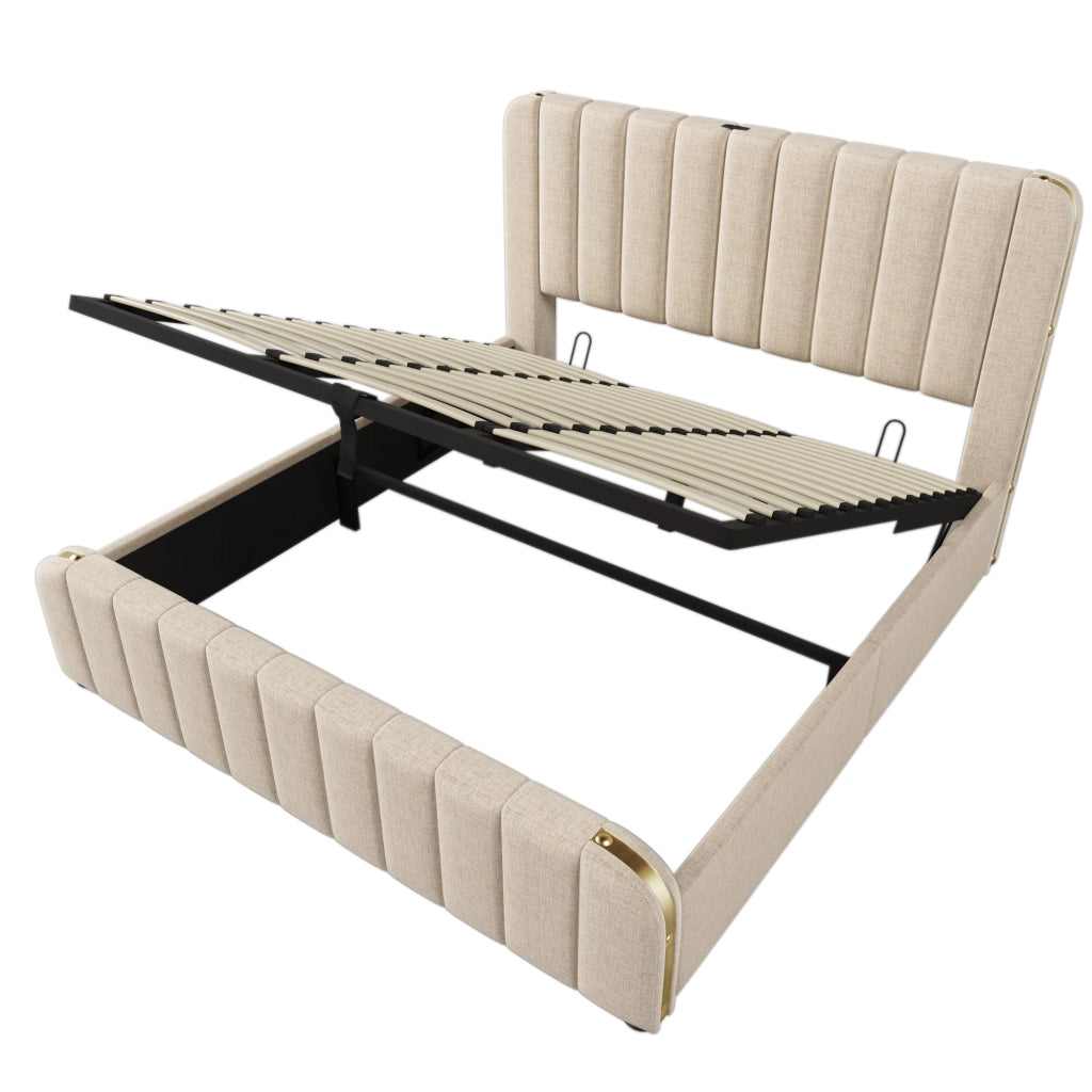 Letto matrimoniale imbottito 180x200 cm con testiera USB Type-C, contenitore idraulico, beige