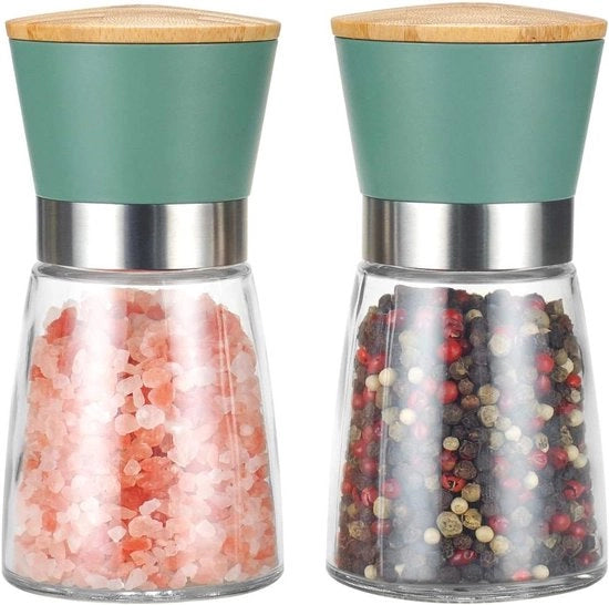 Grinders per Pepe e Sale 2 Set con nucleo ceramico - Regolabile coarsità - Bamboe verde - Ideale per la cucina domestica - Perfetto per regali di compleanno e di benvenuto