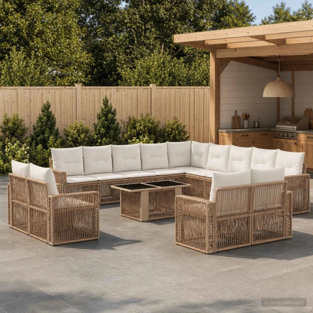 Set Divano da Giardino 14 pz Beige e Bianco Crema polyrattan 3436878