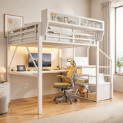 Letto a soppalco in metallo 140x200 cm con scrivania lunga, LED, scala di sicurezza e ripiani flessibili, bianco