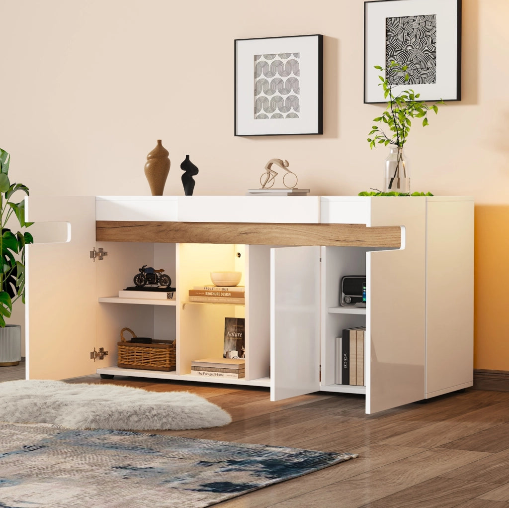 Credenza 140x40x70 cm con LED controllato da app e 3 ante in truciolato bianco e naturale