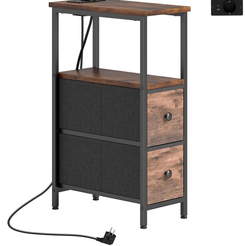 Tavolino laterale 20x40x63 cm con presa AC, USB e USB-C, 2 cassetti, marrone rustico