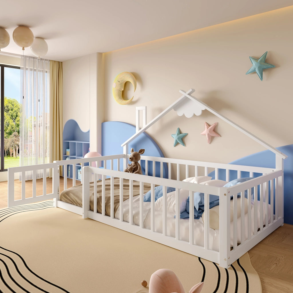 Letto a Casetta 90×190 cm; Letto Singolo per Bambini con Sponda con Chiusura; senza Materasso; Bianco