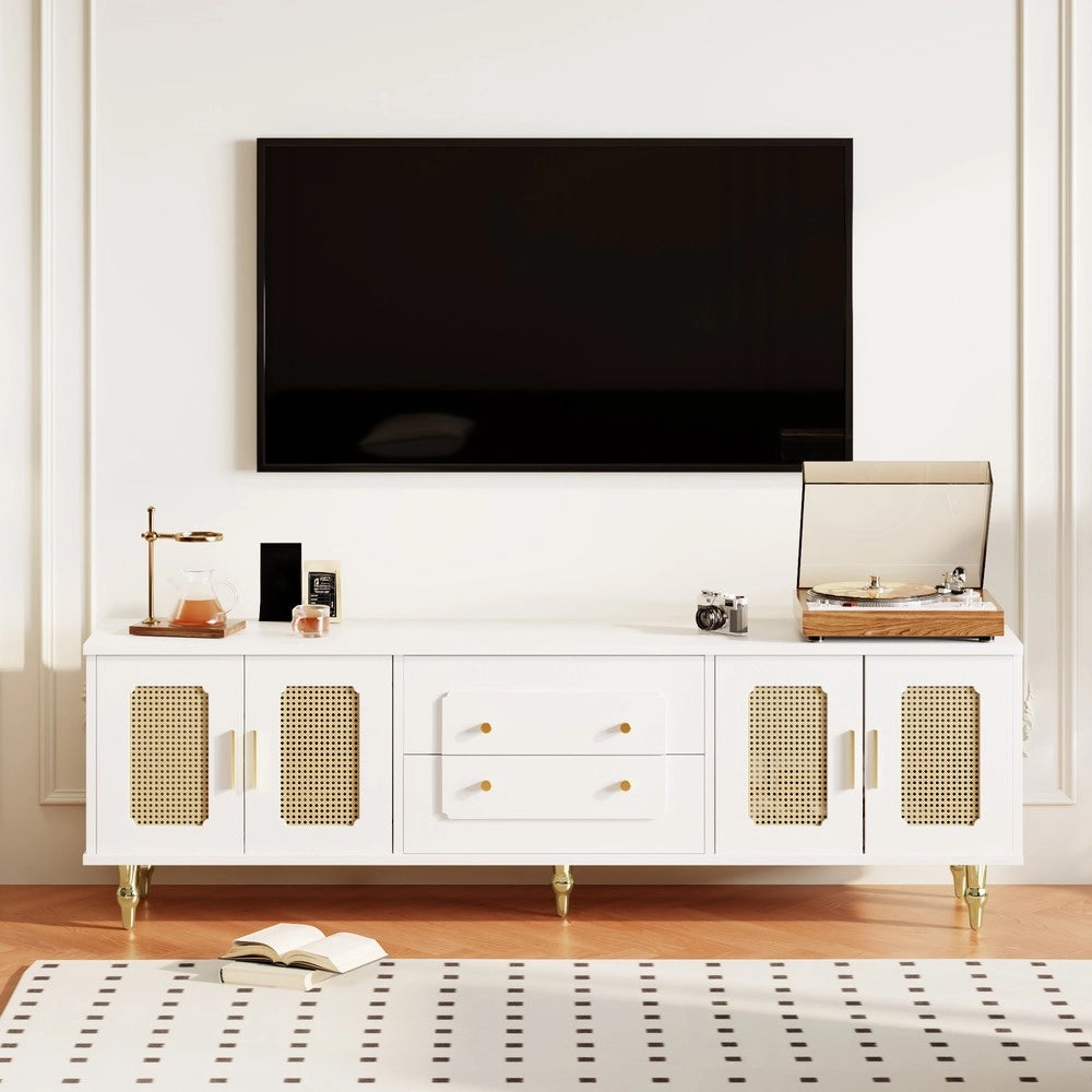Mobile TV Stile Retr¨° con Ante in Rattan ¨C Xylo ¨C Gambe in Metallo, Maniglie Dorate