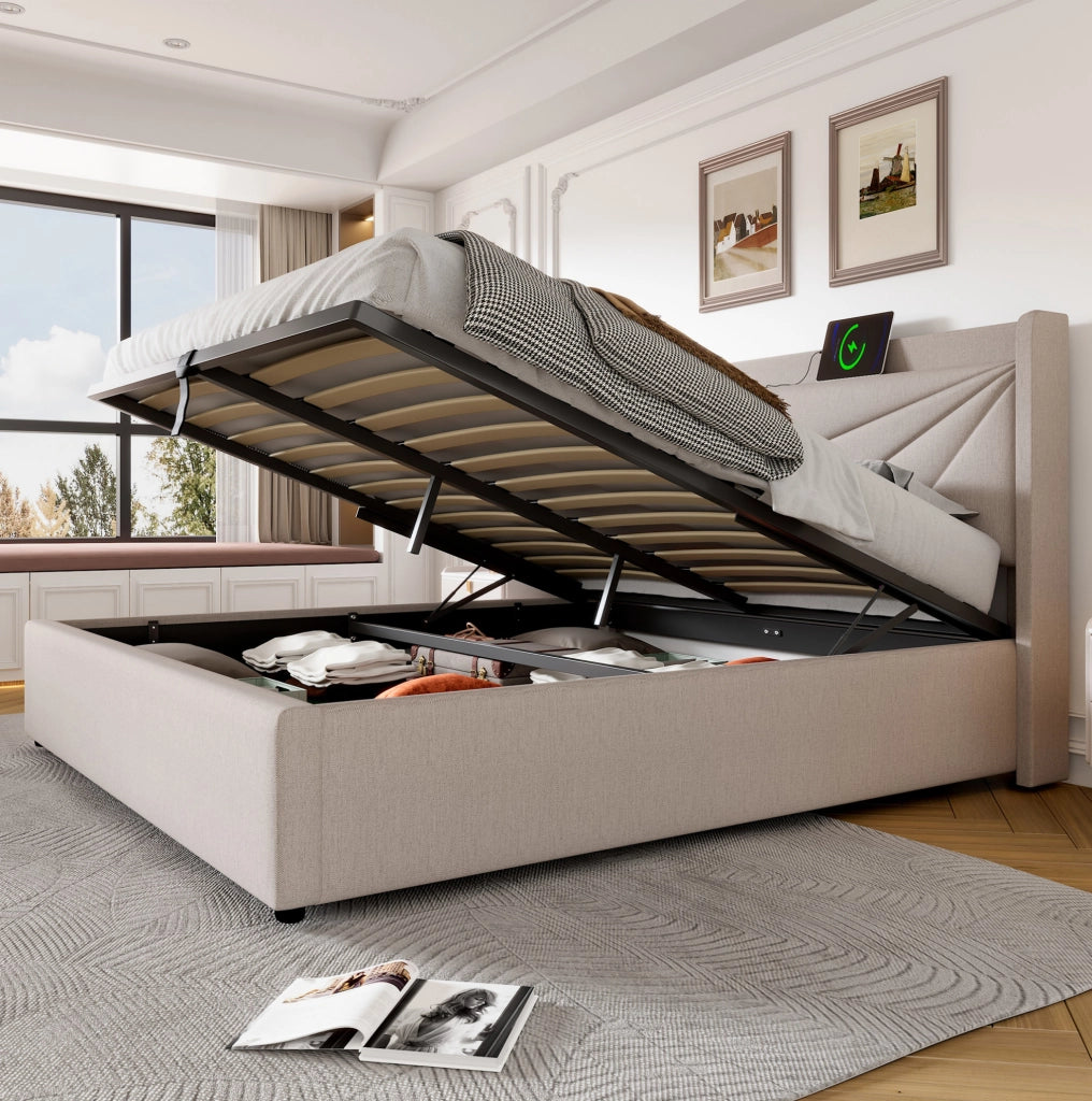 Letto matrimoniale 160x200 beige con contenitore, USB e Type-C