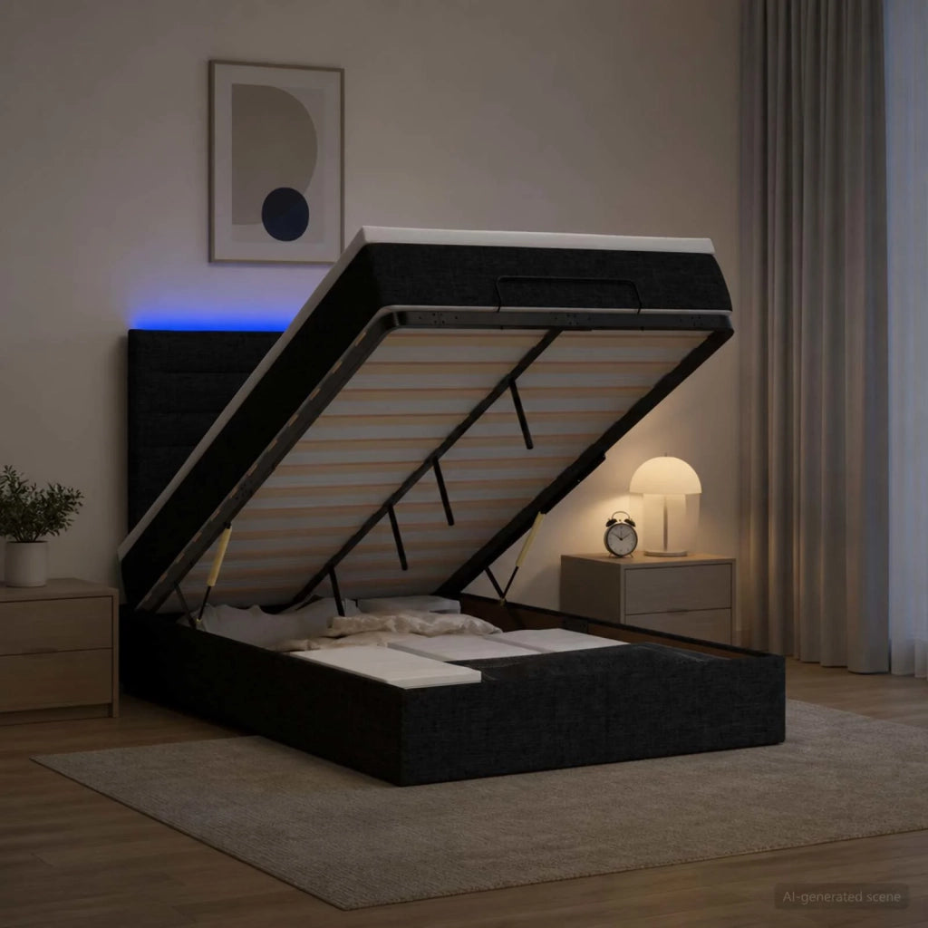 Letto Ottomano con Materasso e LED Nero 120 x 190 cm Tessuto 3457974