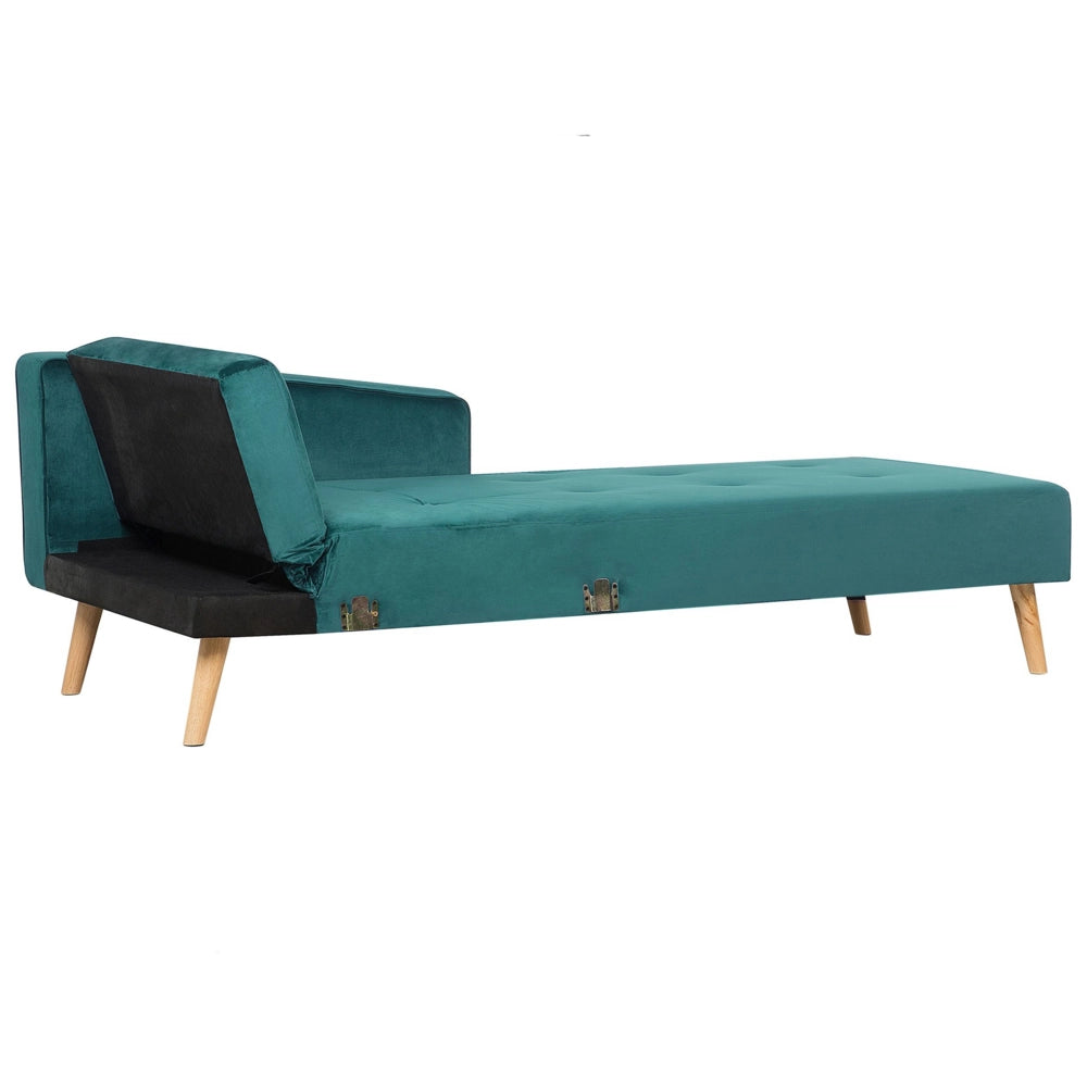 Divano letto ad angolo con 3 cuscini Rivestimento in velluto verde Gambe in legno chiaro Chaise longue reclinabile versione sinistra a 4 posti