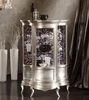 Vetrina sagomata bassa in legno massiccio di tiglio Shabby chic argento anticato