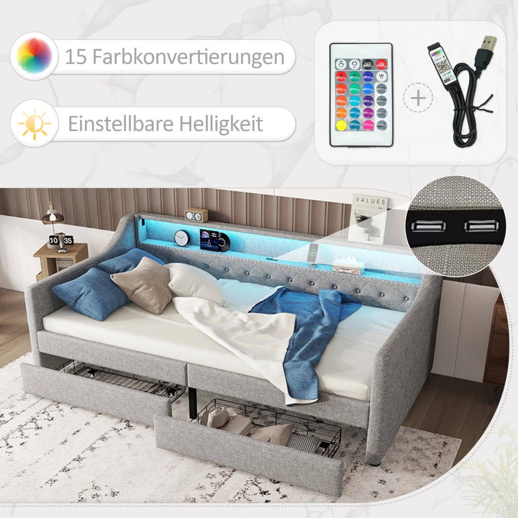LETTO Giorno 90x200 cm in lino e MDF grigio con LED, USB e 2 cassetti