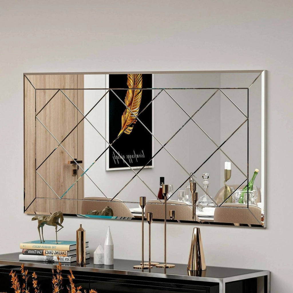 Specchio Nimfa, Specchiera, Articolo d'arredo a muro, Decorazione con specchio, 60x2h120 cm, Bianco