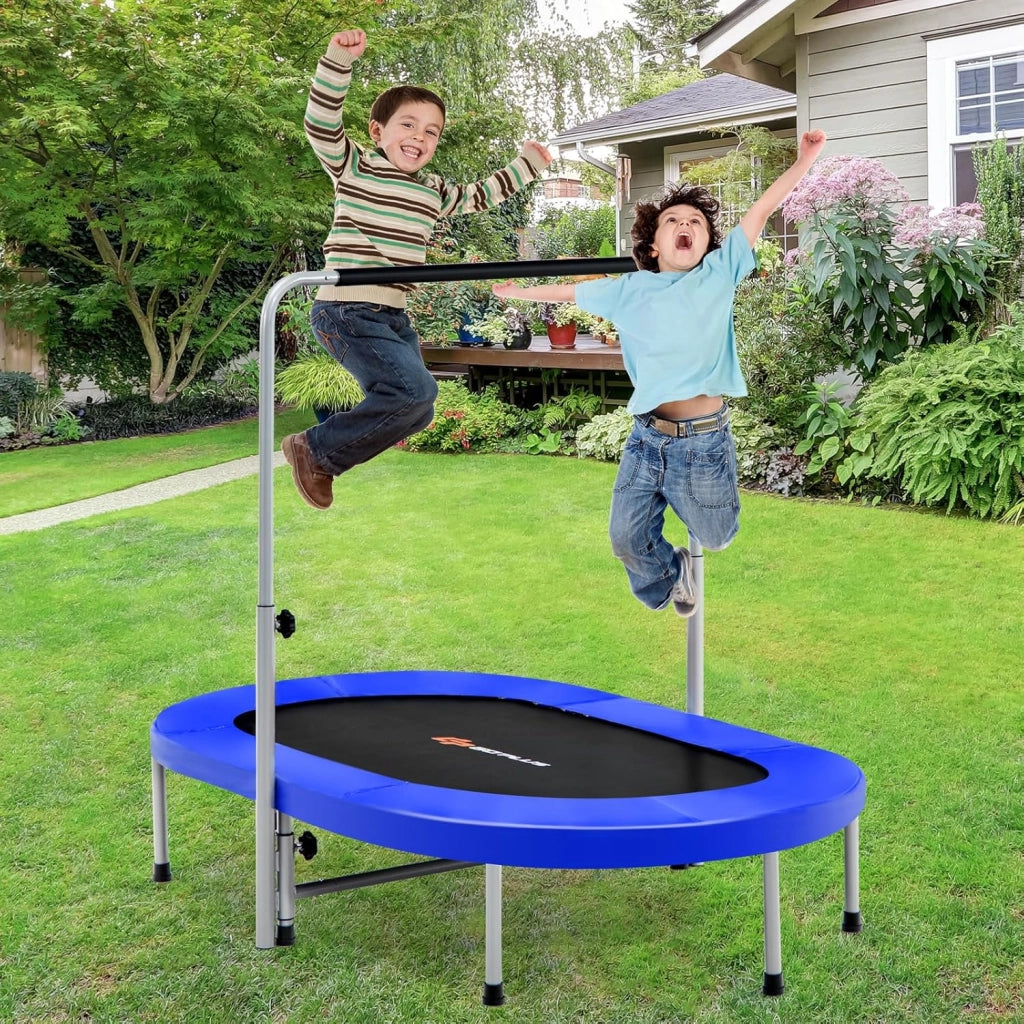 Trampolino doppio per bambini, 154 x 90 cm (L x L), Trampolino per fitness pieghevole, maniglia regolabile, rimbalzo ovale per bambini e adulti, portata massima di 150 kg
