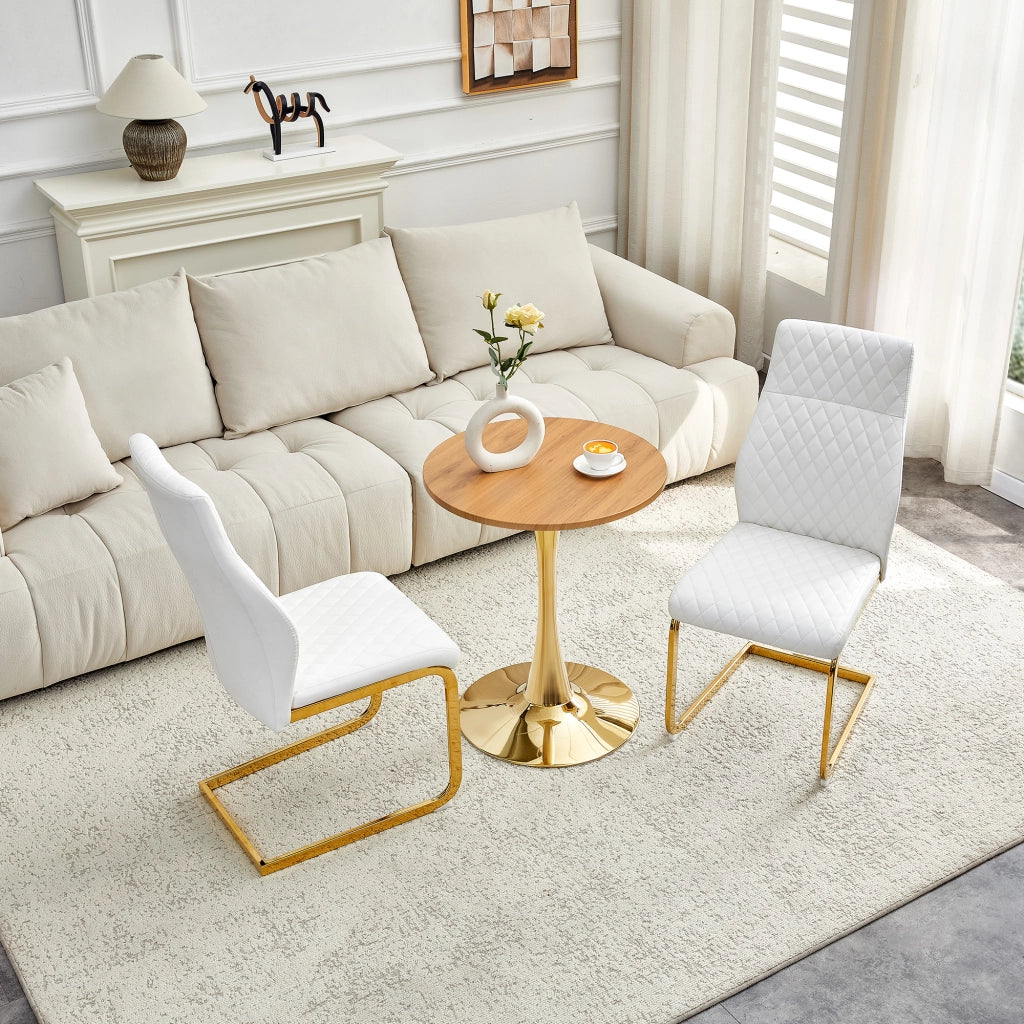 Tavolo da pranzo rotondo con 2 sedie, piano in MDF, base in metallo oro, sedute bianche con motivo a rombi, 60 cm
