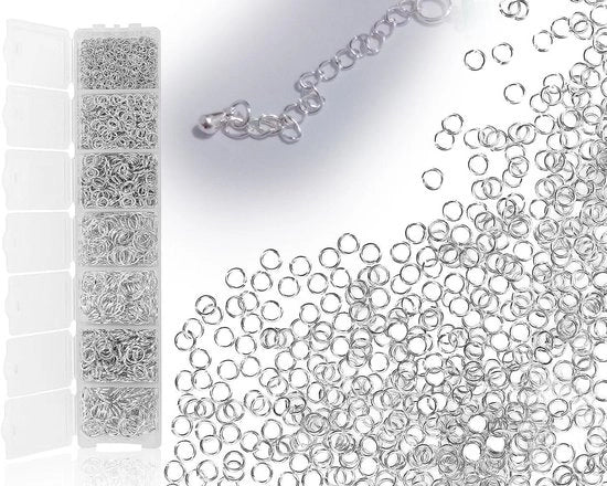 1450 pezzi di anelli di metallo in diverse misure da 3 a 10 mm per la creazione e la riparazione di bracciali e gioielli, inclusa scatola di conservazione.