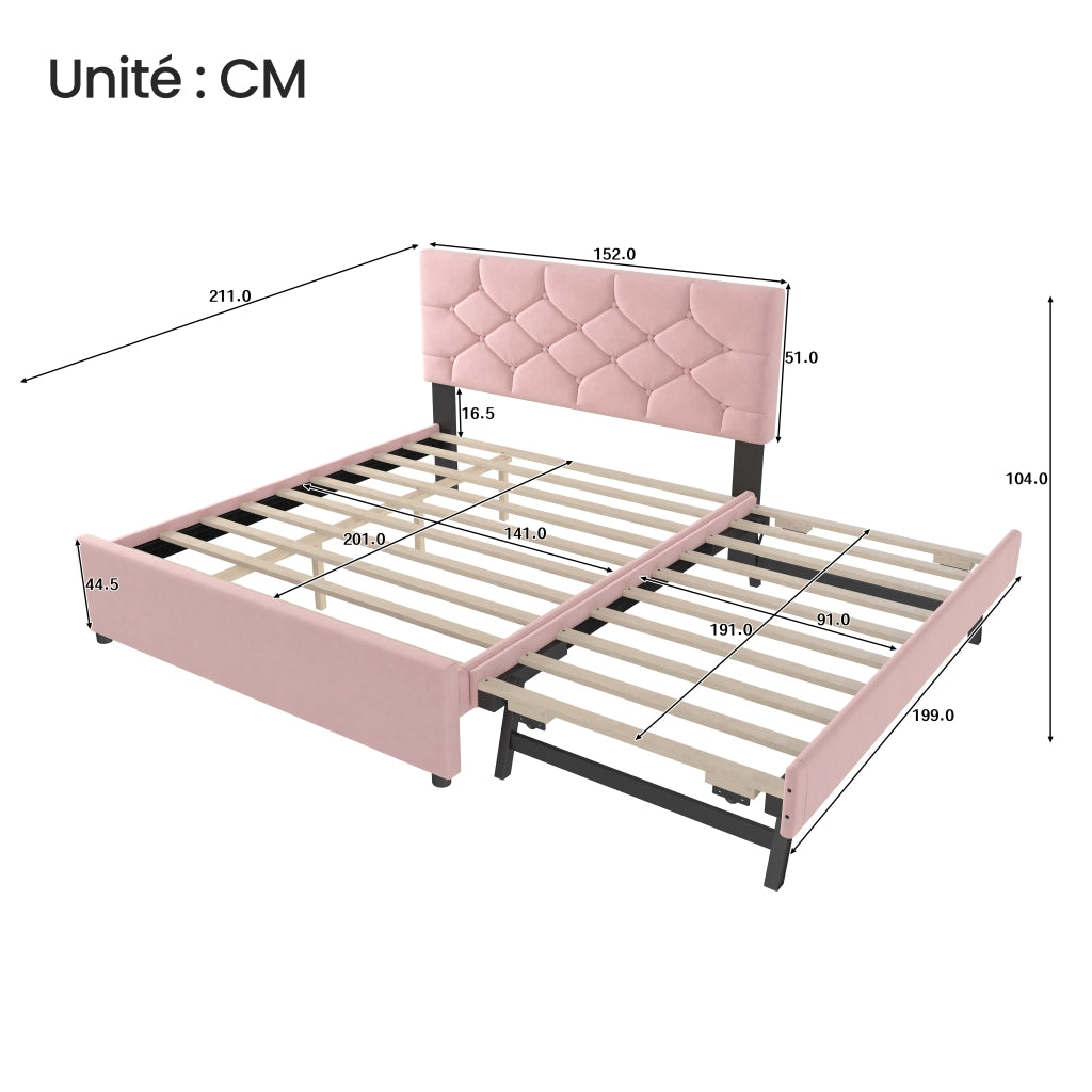 OKWISH Letto con Cassetti 140×200 cm, Letto Matrimoniale con Letto Estraibile, Testiera con Bottoni e Rete, senza Materasso, Velluto, Rosa